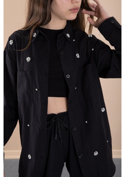 Siyah Kız Çocuk Croplu Taşlı Gömlek ve Pantolonlu 3'lü Takım 20471 fırsatları