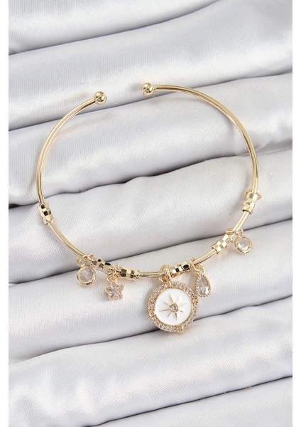 Pirinç Zirkon Taşlı Pusula Model Gold Renk Charm Bileklik
