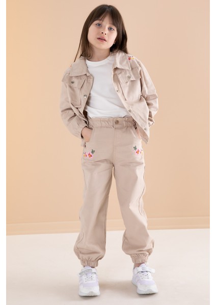 Bej Nakış Detaylı Gömlekli Pantolonlu Kız Çocuk 3lü Takım 20159
