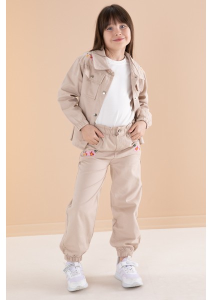 Bej Nakış Detaylı Gömlekli Pantolonlu Kız Çocuk 3lü Takım 20159 fırsatları
