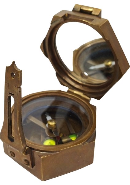 Askeri Pusula Pirinç Eskitme Altıgen Mercekli Dekoratif Obje