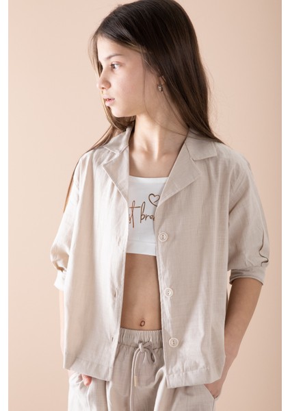 Bej Yarım Kol Kız Çocuk 3lü Croplu Takım 20324 modelleri