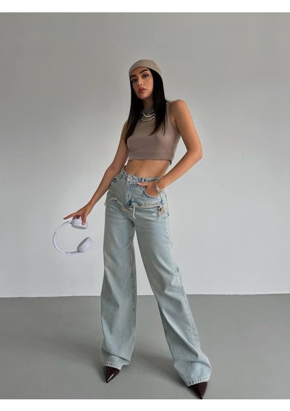 Yüksek Bel Bol Paça Yıpratma Detaylı Kadın Jean Pantolon
