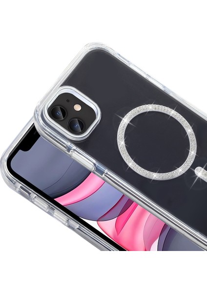 iPhone 11 Kılıf Taşlı Tasarım M-Safe Şarj Özellikli Zore Koment Silikon Kapak - Gümüş indirimleri