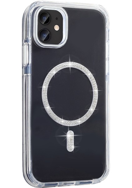 iPhone 11 Kılıf Taşlı Tasarım M-Safe Şarj Özellikli Zore Koment Silikon Kapak - Gümüş