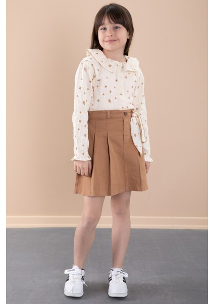Kahve Çiçek Desenli Müslin Badili Jean Etekli Kız Çocuk Takım 20424