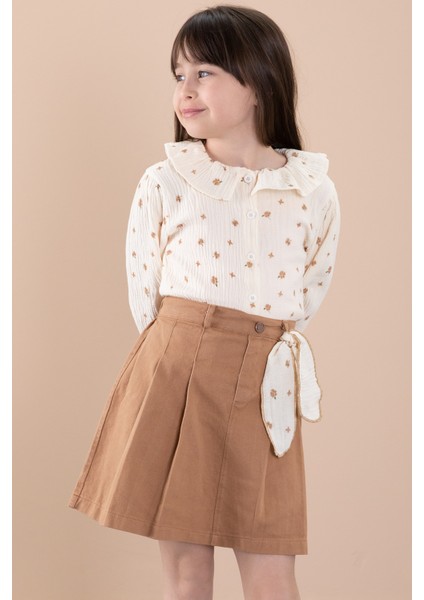 Kahve Çiçek Desenli Müslin Badili Jean Etekli Kız Çocuk Takım 20424 fiyatları