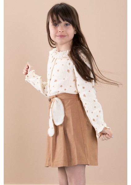Kahve Çiçek Desenli Müslin Badili Jean Etekli Kız Çocuk Takım 20424 modelleri