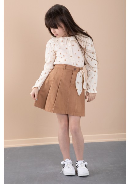 Kahve Çiçek Desenli Müslin Badili Jean Etekli Kız Çocuk Takım 20424 indirimleri