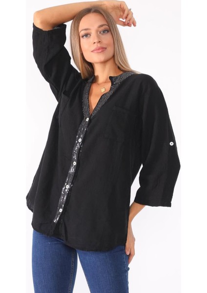 Kadın Keten Oversize Gömlek Hakim Yaka Cep Pul Detay Patlı Kol