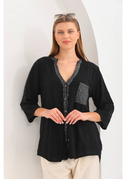 Kadın Keten Oversize Gömlek Hakim Yaka Cep Pul Detay Patlı Kol fiyatları