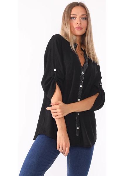 Kadın Keten Oversize Gömlek Hakim Yaka Cep Pul Detay Patlı Kol modelleri