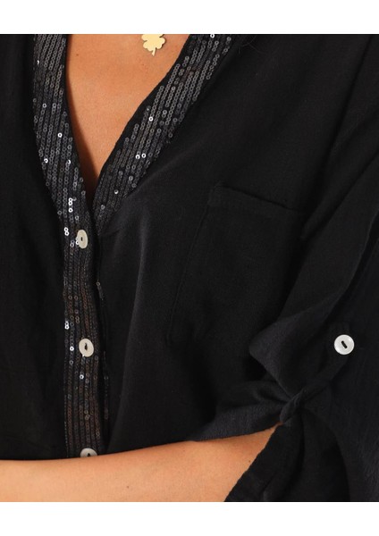 Kadın Keten Oversize Gömlek Hakim Yaka Cep Pul Detay Patlı Kol fırsatları