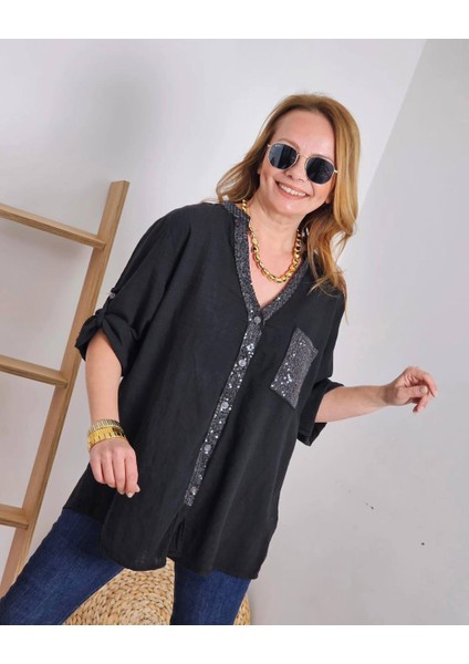 Kadın Keten Oversize Gömlek Hakim Yaka Cep Pul Detay Patlı Kol