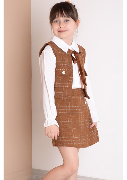 Kahve Fiyonklu Yelekli Düğme Detaylı Şort Etekli Kız Çocuk 3lü Takım 20317 modelleri