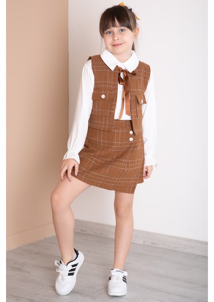 Kahve Fiyonklu Yelekli Düğme Detaylı Şort Etekli Kız Çocuk 3lü Takım 20317 fırsatları