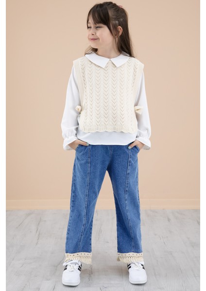 Mavi Jean Pantolonlu Dantelli Süveterli Kız Çocuk 3lü Takım 20691 fiyatları