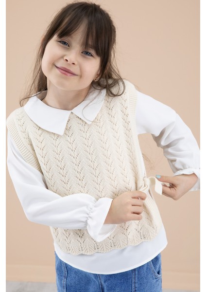 Mavi Jean Pantolonlu Dantelli Süveterli Kız Çocuk 3lü Takım 20691 modelleri