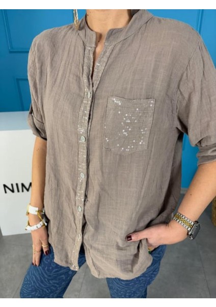Kadın Keten Oversize Gömlek Hakim Yaka Cep Pul Detay Patlı Kol