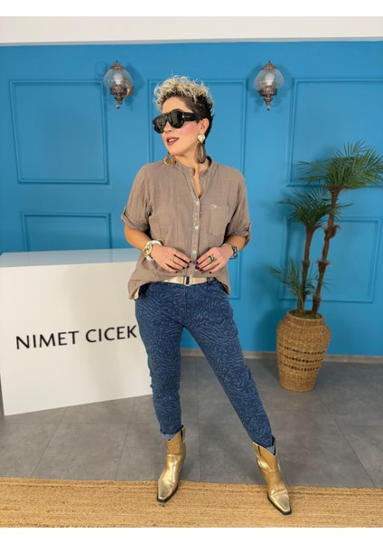 Kadın Keten Oversize Gömlek Hakim Yaka Cep Pul Detay Patlı Kol fiyatları