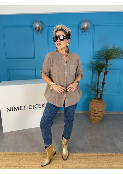 Kadın Keten Oversize Gömlek Hakim Yaka Cep Pul Detay Patlı Kol