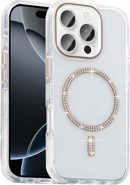 iPhone 15 Pro Max Kılıf Taşlı Tasarım M-Safe Şarj Özellikli Zore Koment Silikon Kapak - Gold