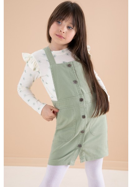 Yeşil Çiçek Desenli Badili 2li Kız Çocuk Salopet Takım 20182