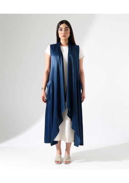 Saten Büyük Beden Şal Yaka Uzun Yelek