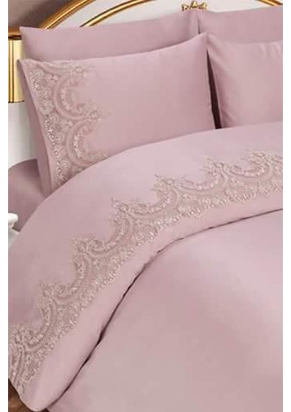 Fransız Dantelli Sultans Tek Kişilik Nevresim Takımı 4 Parça Pudra