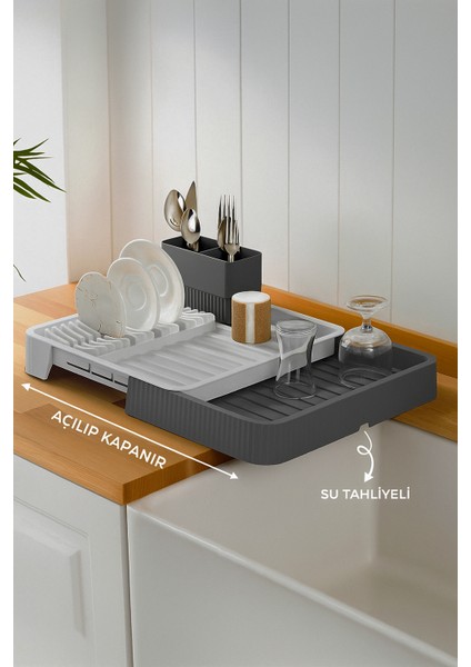 Açılır Kapanır Sürgülü Bulaşık Kurutma Sepeti Tabaklık Çatal Kaşık Su Tahliyeli Bulaşıklık – Antrasit Gri