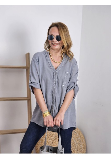 Kadın Keten Oversize Gömlek Hakim Yaka Cep Pul Detay Patlı Kol