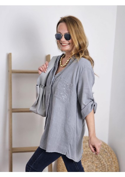 Kadın Keten Oversize Gömlek Hakim Yaka Cep Pul Detay Patlı Kol fiyatları