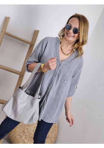 Kadın Keten Oversize Gömlek Hakim Yaka Cep Pul Detay Patlı Kol modelleri