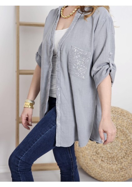 Kadın Keten Oversize Gömlek Hakim Yaka Cep Pul Detay Patlı Kol fırsatları