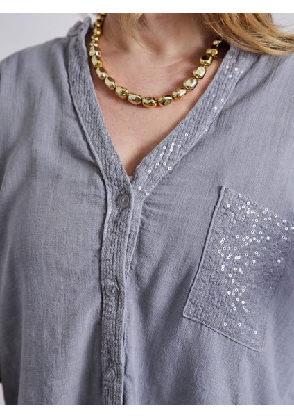 Kadın Keten Oversize Gömlek Hakim Yaka Cep Pul Detay Patlı Kol indirimleri