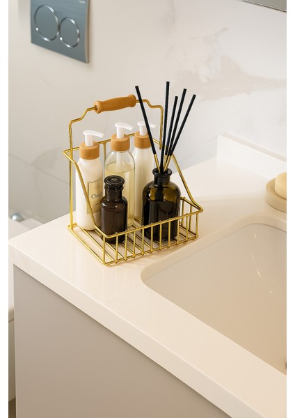 Altın Ahşap Kulplu Retro Sepet, Şık Çok Amaçlı Düzenleyici Organizer