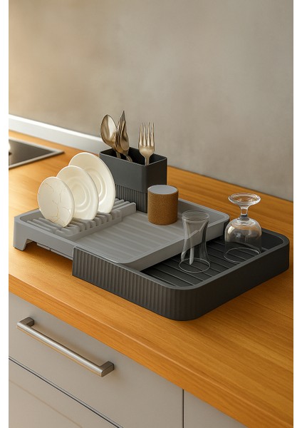 Açılır Kapanır Sürgülü Bulaşık Kurutma Sepeti Tabaklık Çatal Kaşık Su Tahliyeli Bulaşıklık – Antrasit Gri fiyatları