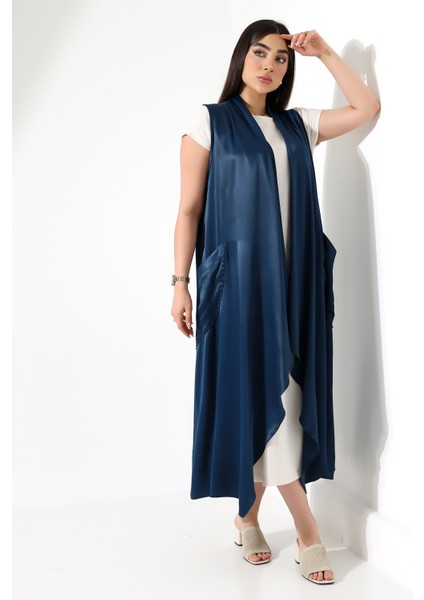 Saten Büyük Beden Şal Yaka Uzun Yelek