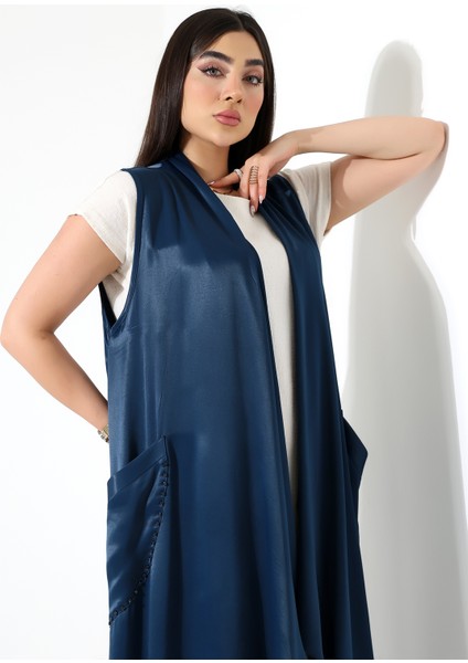 Saten Büyük Beden Şal Yaka Uzun Yelek