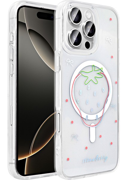 iPhone 16 Pro Max Kılıf M-Safe Şarj Özellikli Şeffaf Zore Folk Sert Kapak - Çilek