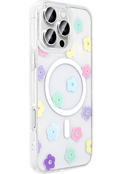 iPhone 16 Pro Max Kılıf M-Safe Şarj Özellikli Şeffaf Zore Folk Sert Kapak - Çilek indirimleri