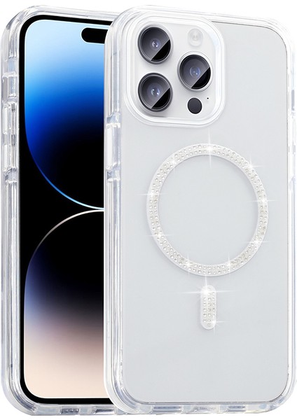 iPhone 14 Pro Max Kılıf Taşlı Tasarım M-Safe Şarj Özellikli Zore Koment Silikon Kapak - Gümüş fiyatları