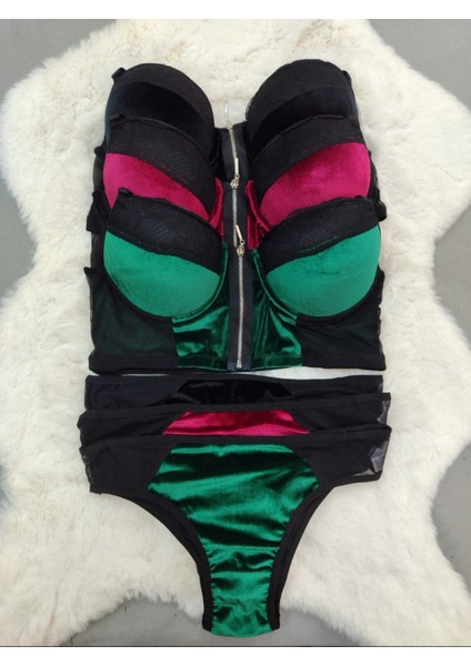 Ekonomik Önden Açılan Fermuarlı Kadife Kumaş Soft Dolgulu Sütyen Takımı 3'lü - Iç Çamaşır Takımı