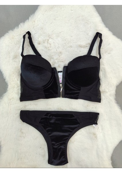 Ekonomik Önden Açılan Fermuarlı Kadife Kumaş Soft Dolgulu Sütyen Takımı 3'lü - Iç Çamaşır Takımı fiyatları