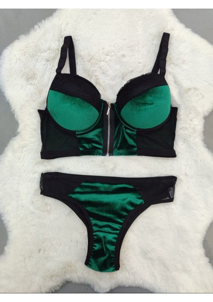 Ekonomik Önden Açılan Fermuarlı Kadife Kumaş Soft Dolgulu Sütyen Takımı 3'lü - Iç Çamaşır Takımı modelleri