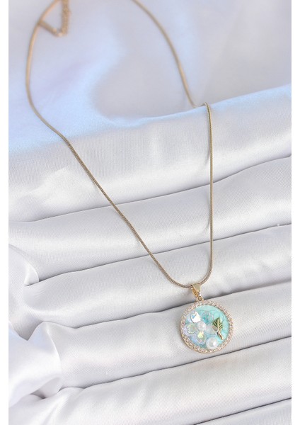 316L Çelik Gold Renk Zincir Zirkon Taş Detaylı Mavi Mineli Çiçek Işlemeli Inci Detay Kadın Kolye fiyatları