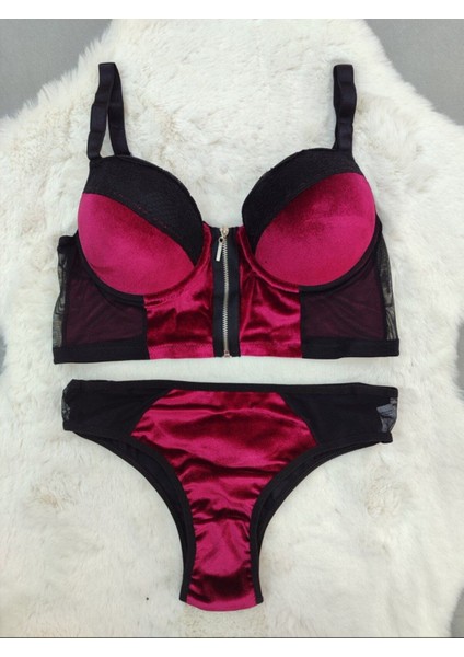 Ekonomik Önden Açılan Fermuarlı Kadife Kumaş Soft Dolgulu Sütyen Takımı 3'lü - Iç Çamaşır Takımı