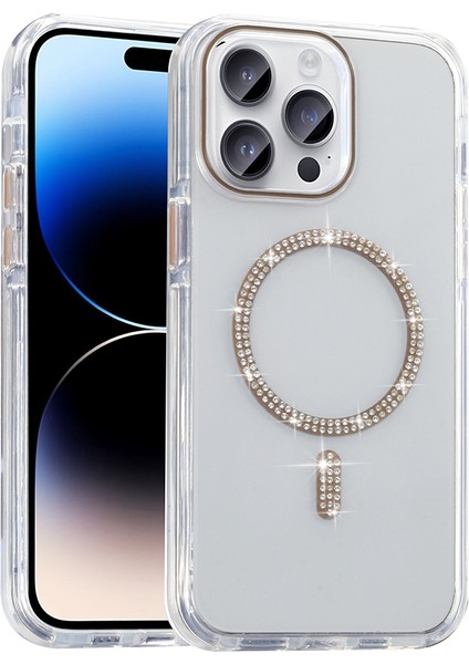 iPhone 14 Pro Max Kılıf Taşlı Tasarım M-Safe Şarj Özellikli Zore Koment Silikon Kapak - Gold