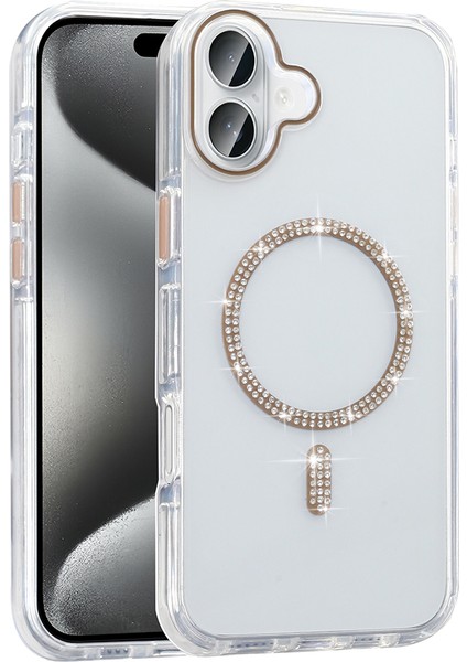 iPhone 16 Pro Max Kılıf Taşlı Tasarım M-Safe Şarj Özellikli Zore Koment Silikon Kapak - Gold