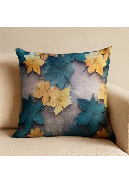 Sonbahar Yaprak Desenli Kırlent Kılıfı Turkuaz & Sarı Renkli, Dijital Duck Kumaş, Dekoratif Yastık